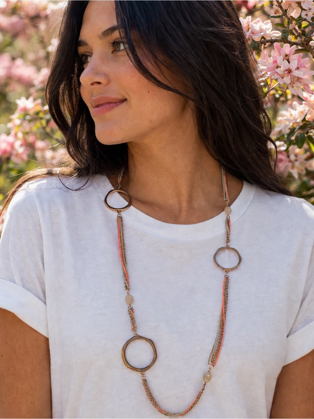 Rose Gold Multi Chain Necklace Coral Light Blue Long Layered 35”